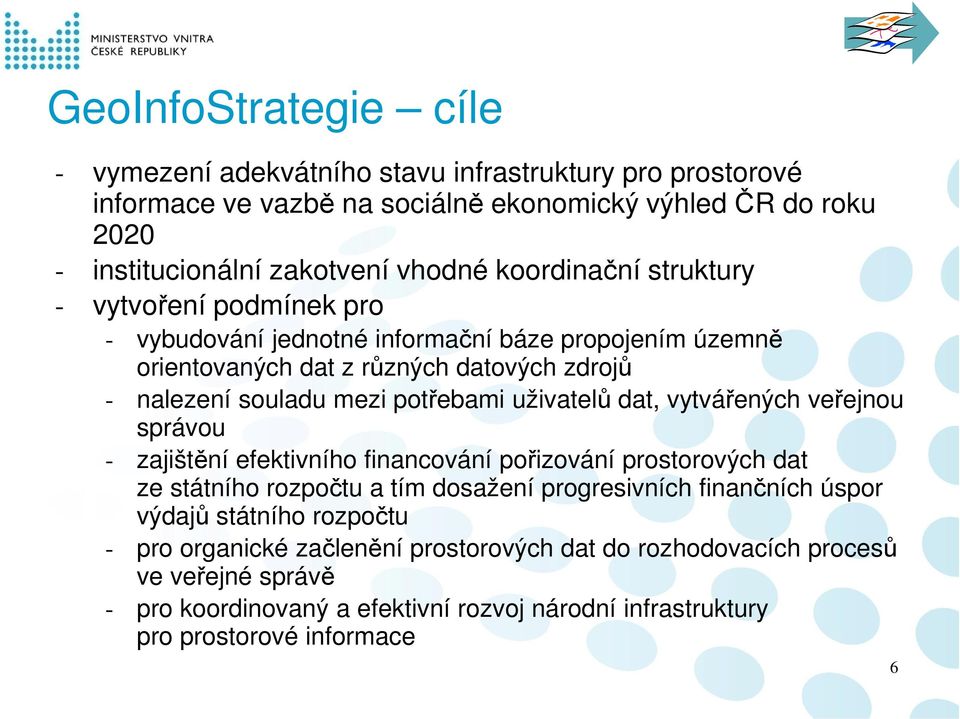 uživatelů dat, vytvářených veřejnou správou - zajištění efektivního financování pořizování prostorových dat ze státního rozpočtu a tím dosažení progresivních finančních úspor výdajů