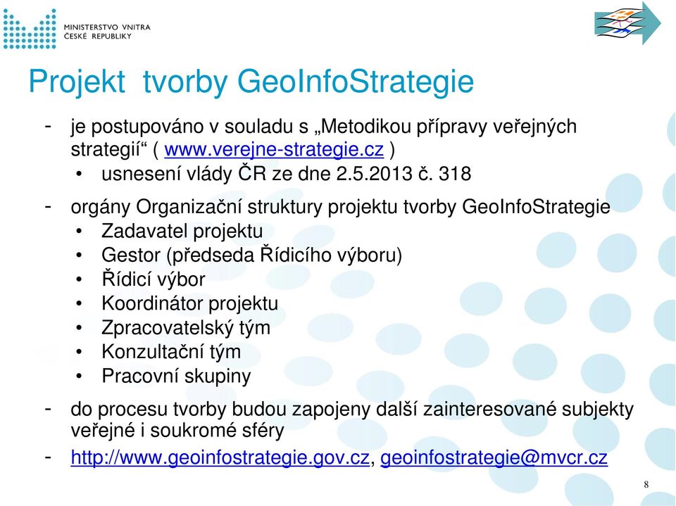 318 - orgány Organizační struktury projektu tvorby GeoInfoStrategie Zadavatel projektu Gestor (předseda Řídicího výboru) Řídicí