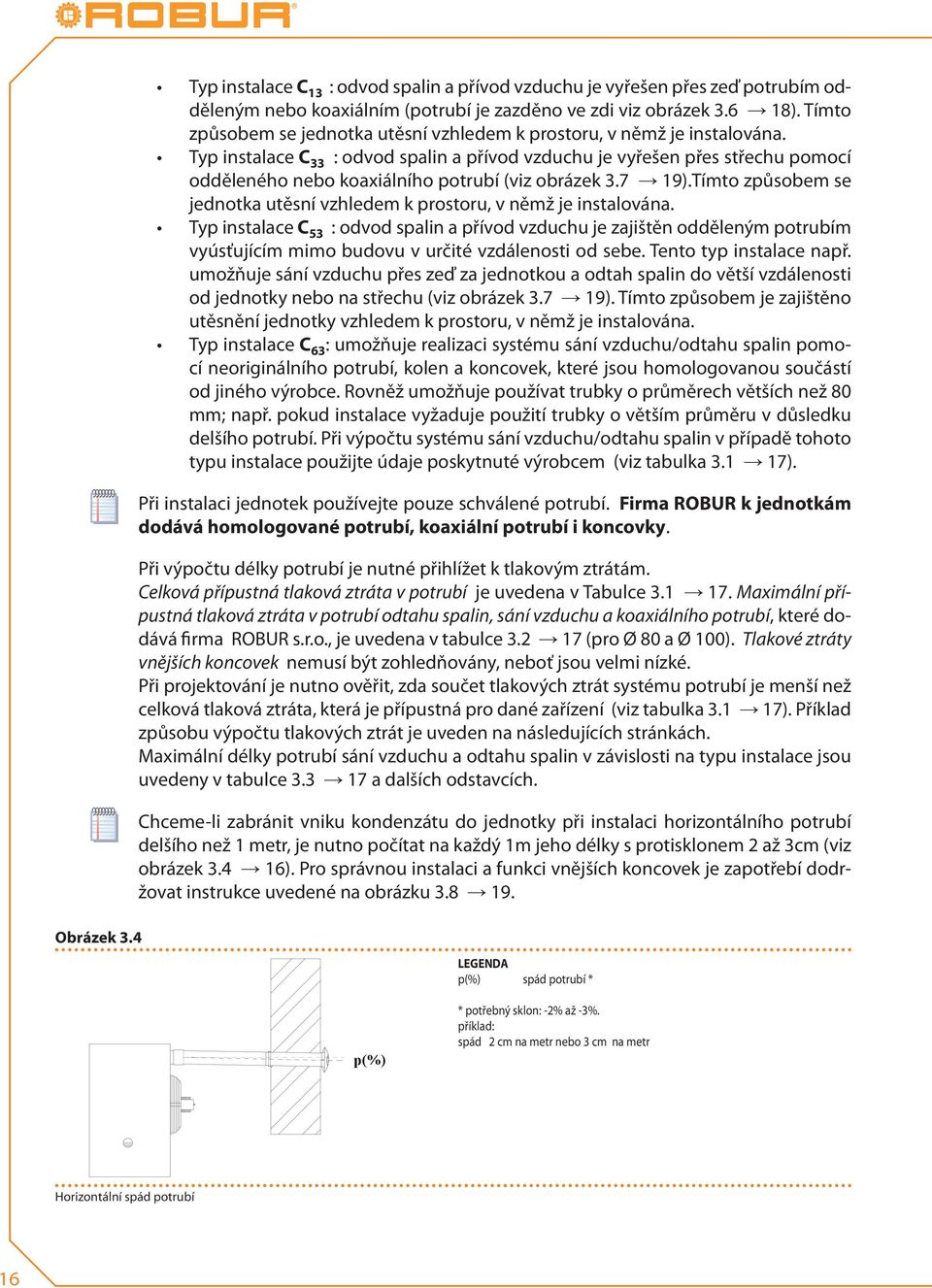 Typ instalace C 33 : odvod spalin a přívod vzduchu je vyřešen přes střechu pomocí odděleného nebo koaxiálního potrubí (viz obrázek 3.7 19).