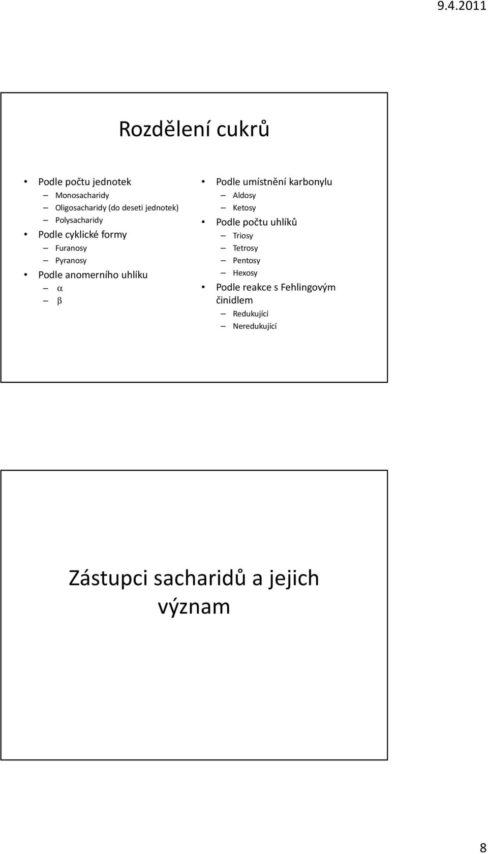 umístnění karbonylu Aldosy Ketosy Podle počtu uhlíků Triosy Tetrosy Pentosy exosy Podle