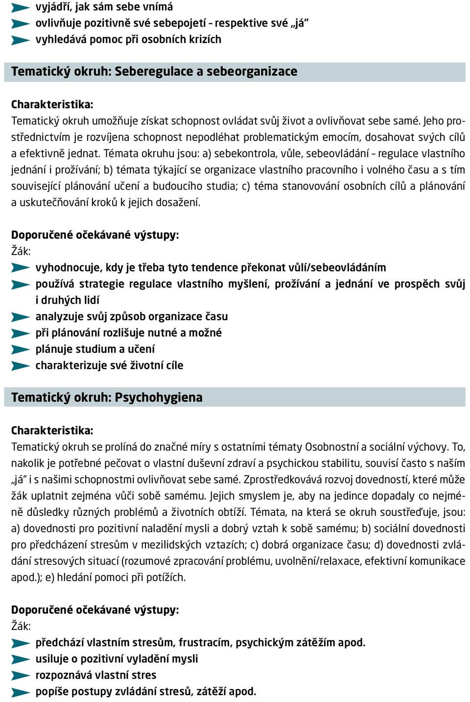 Témata okruhu jsou: a) sebekontrola, vůle, sebeovládání regulace vlastního jednání i prožívání; b) témata týkající se organizace vlastního pracovního i volného času a s tím související plánování