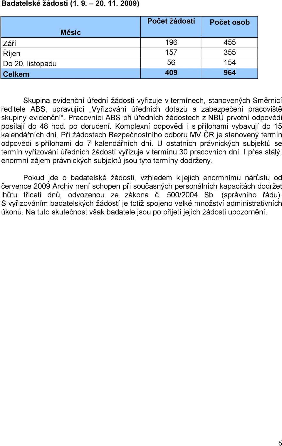 evidenční. Pracovníci ABS při úředních žádostech z NBÚ prvotní odpovědi posílají do 48 hod. po doručení. Komplexní odpovědi i s přílohami vybavují do 15 kalendářních dní.