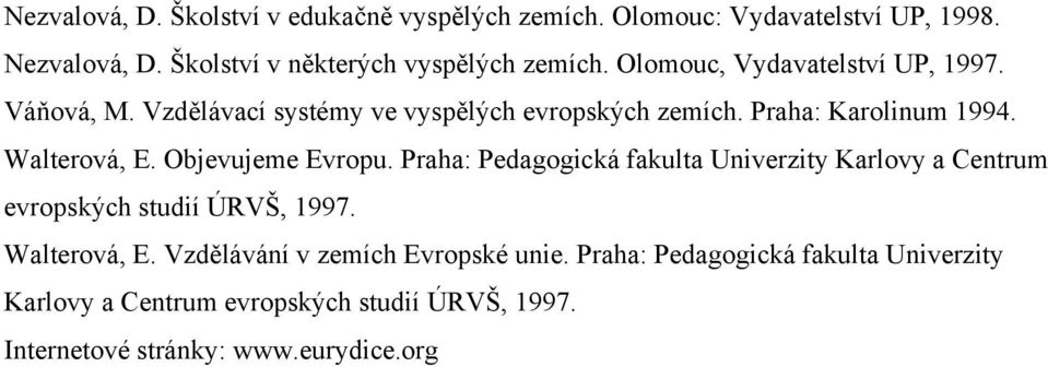 Objevujeme Evropu. Praha: Pedagogická fakulta Univerzity Karlovy a Centrum evropských studií ÚRVŠ, 1997. Walterová, E.