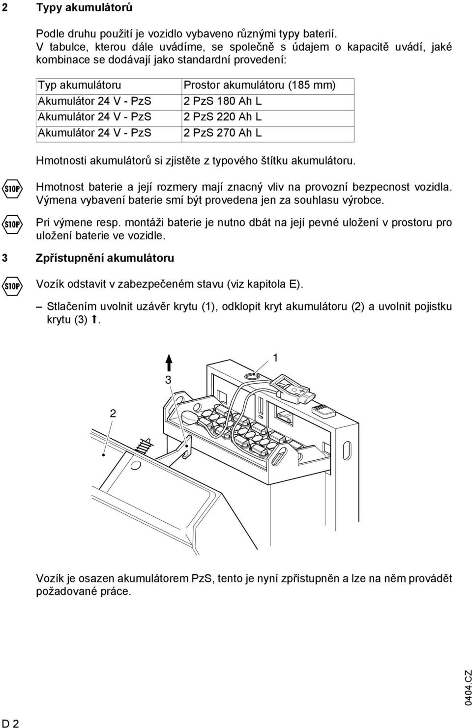 V - PzS Prostor akumulátoru (185 mm) 2 PzS 180 Ah L 2 PzS 220 Ah L 2 PzS 270 Ah L Hmotnosti akumulátorů si zjistěte z typového štítku akumulátoru.