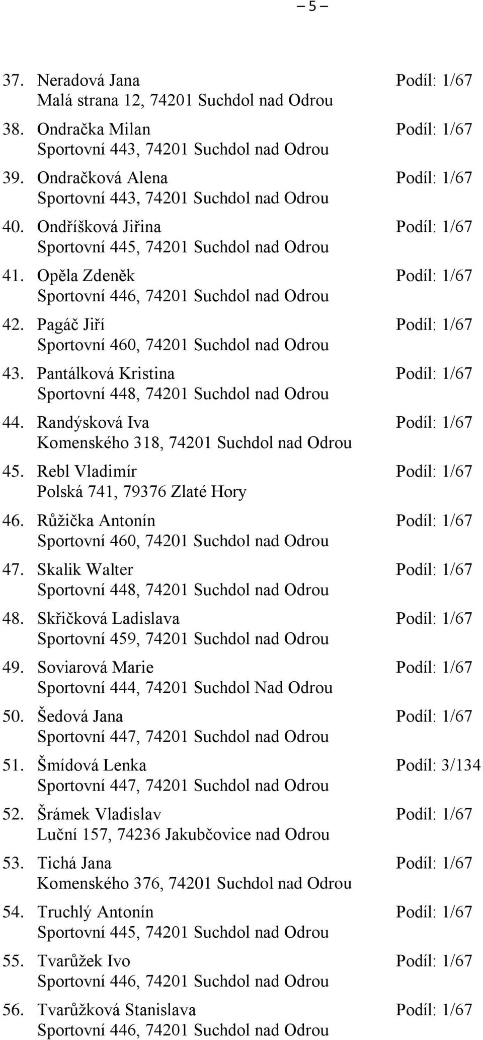 Opěla Zdeněk Podíl: 1/67 Sportovní 446, 74201 Suchdol nad Odrou 42. Pagáč Jiří Podíl: 1/67 Sportovní 460, 74201 Suchdol nad Odrou 43.