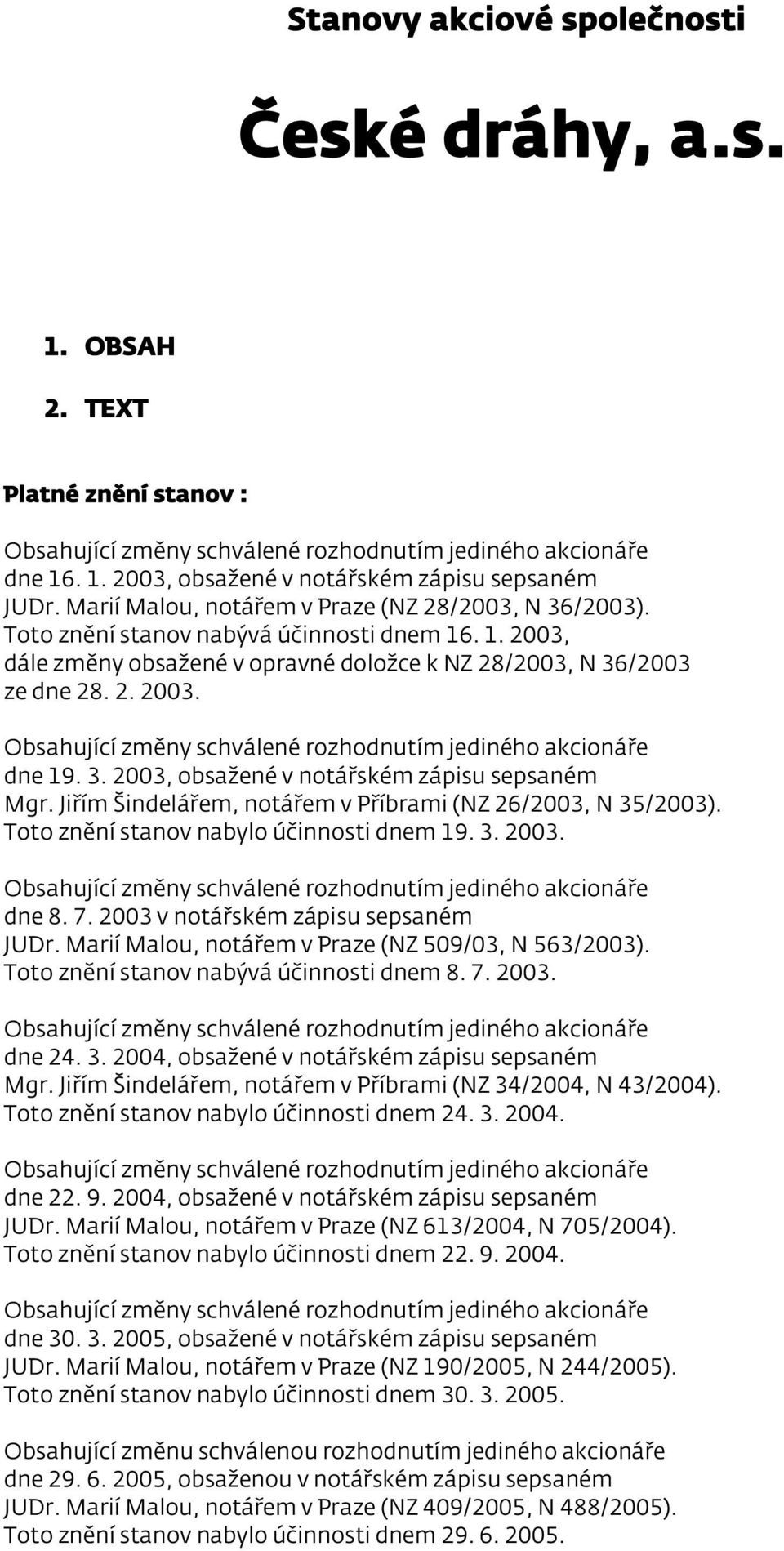 3. 2003, obsažené v notářském zápisu sepsaném Mgr. Jiřím Šindelářem, notářem v Příbrami (NZ 26/2003, N 35/2003). Toto znění stanov nabylo účinnosti dnem 19. 3. 2003. Obsahující změny schválené rozhodnutím jediného akcionáře dne 8.