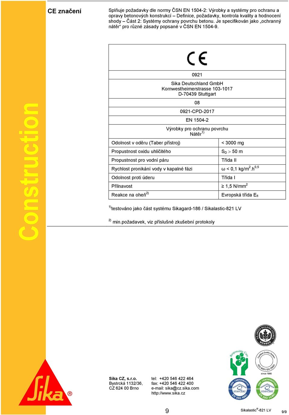 Construction Odolnost v oděru (Taber přístroj) Propustnost oxidu uhličitého Propustnost pro vodní páru 0921 Sika Deutschland GmbH Kornwestheimerstrasse 103-1017 D-70439 Stuttgart 08 0921-CPD-2017 EN