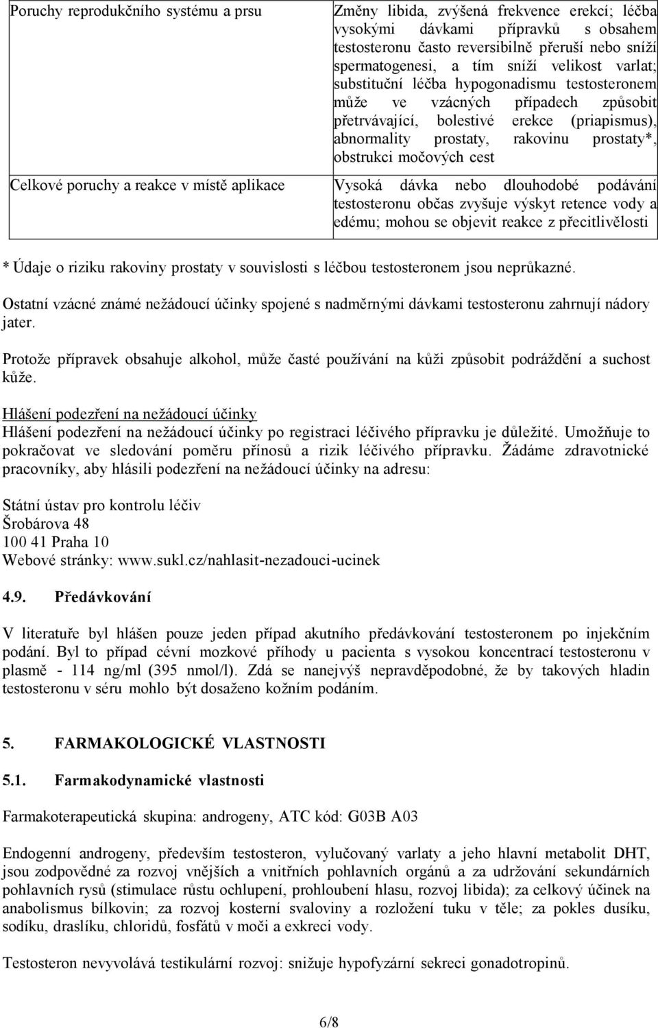 močových cest Celkové poruchy a reakce v místě aplikace Vysoká dávka nebo dlouhodobé podávání testosteronu občas zvyšuje výskyt retence vody a edému; mohou se objevit reakce z přecitlivělosti * Údaje