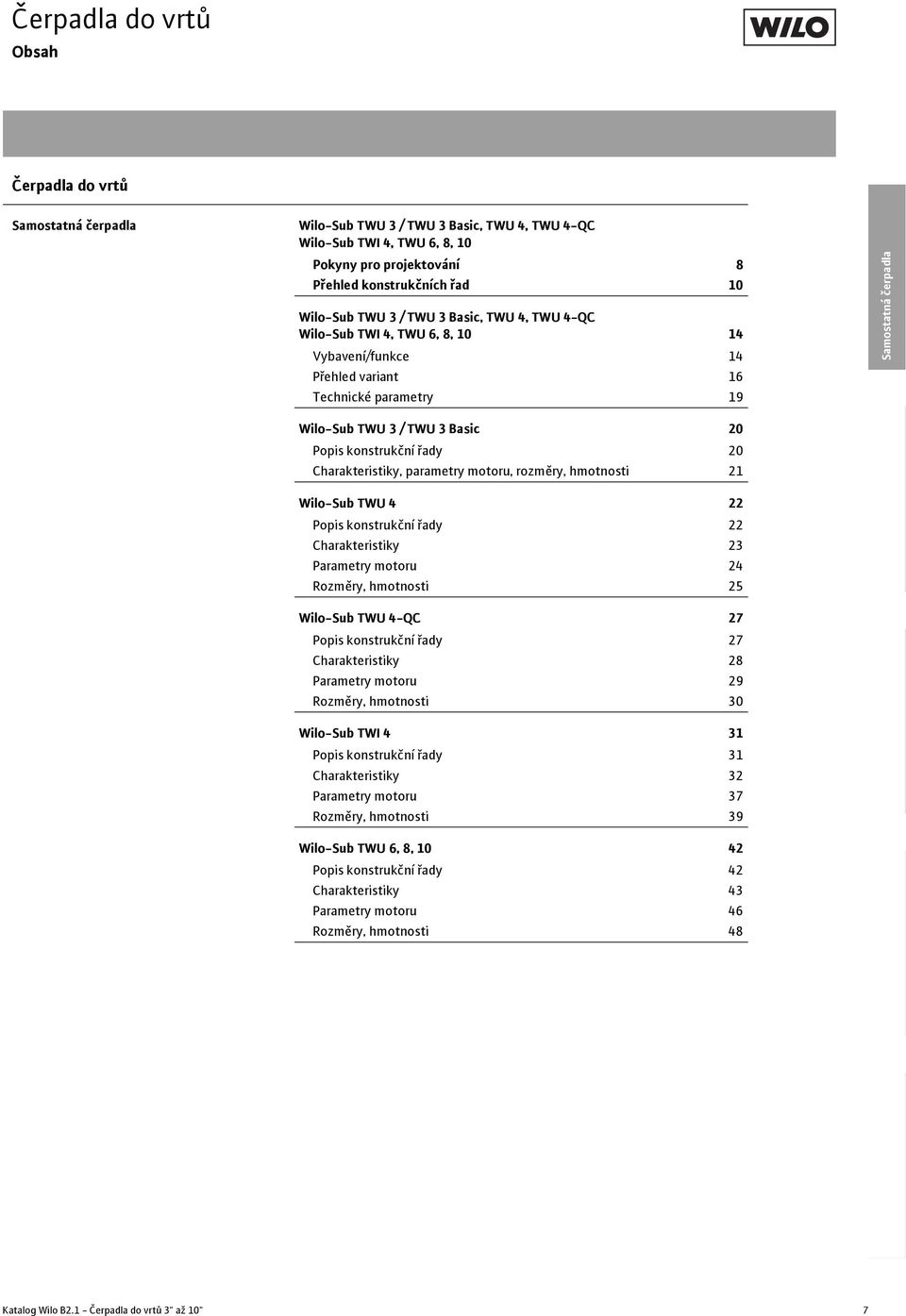 hmotnosti 21 Wilo-Sub TWU 4 22 Popis konstrukční řady 22 Charakteristiky 23 Parametry motoru 24 Rozměry, hmotnosti 25 Wilo-Sub TWU 4-QC 27 Popis konstrukční řady 27 Charakteristiky 28 Parametry