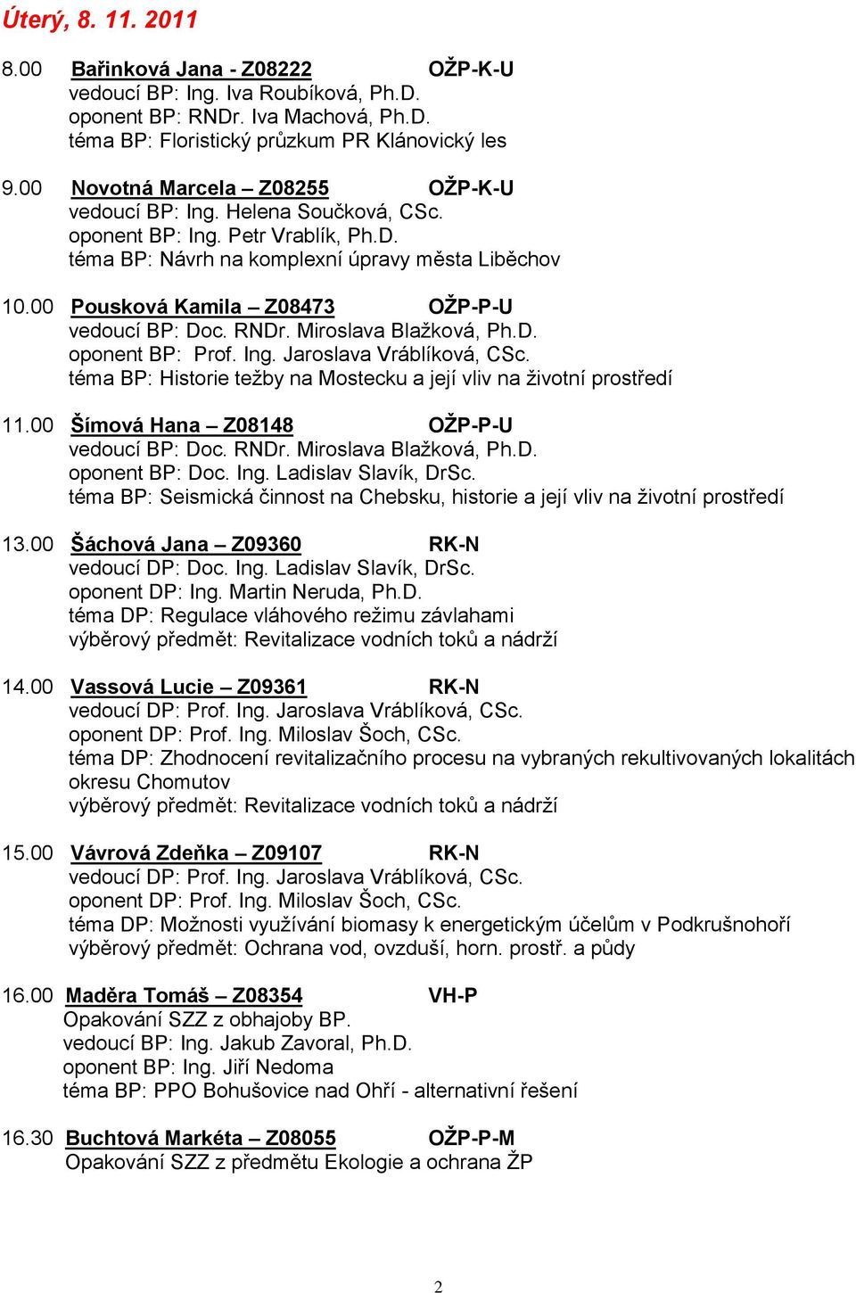 00 Pousková Kamila Z08473 OŢP-P-U vedoucí BP: Doc. RNDr. Miroslava Blaţková, Ph.D. oponent BP: Prof. Ing. Jaroslava Vráblíková, CSc.