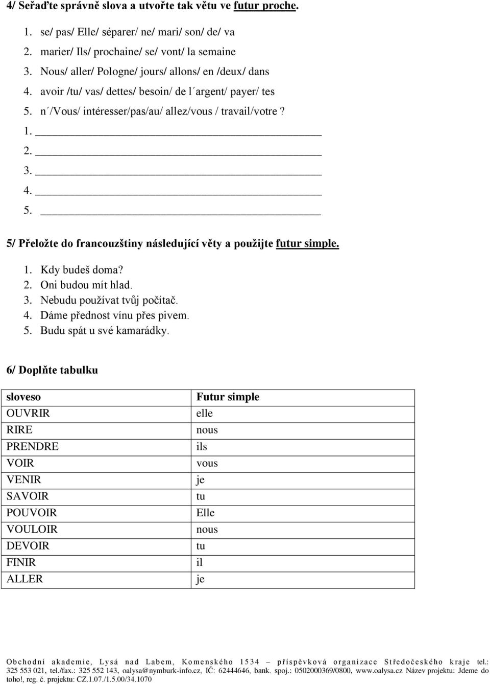 4. 5. 5/ Přeložte do francouzštiny následující věty a použijte futur simple. 1. Kdy budeš doma? 2. Oni budou mít hlad. 3. Nebudu používat tvůj počítač. 4.