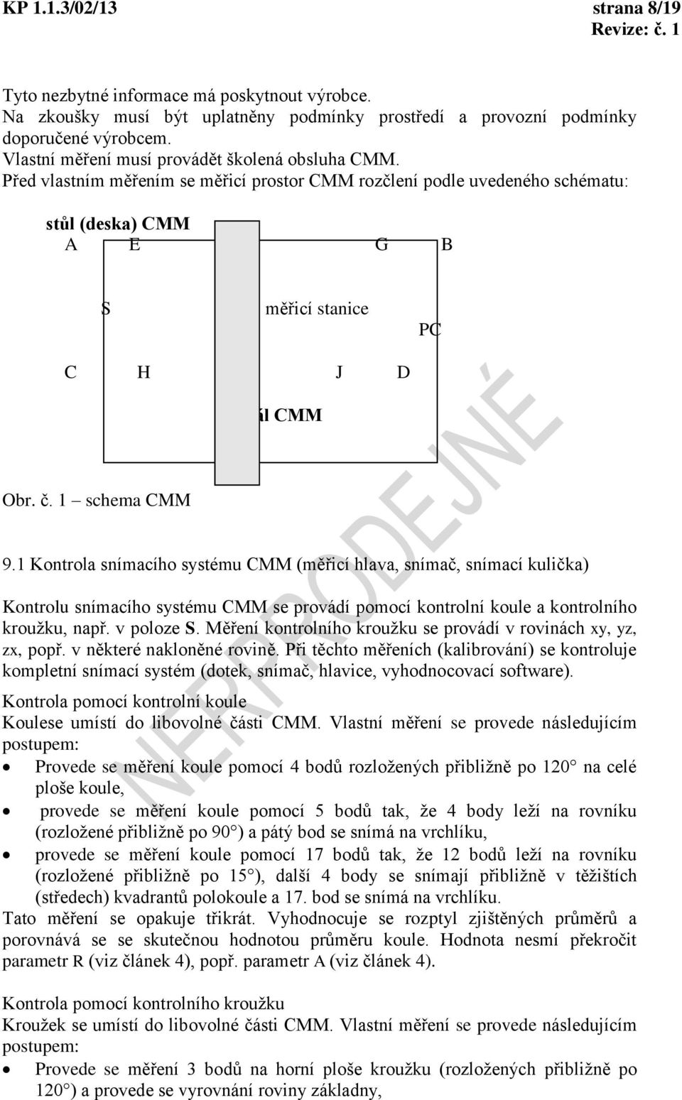 1 schema CMM 9.1 Kontrola snímacího systém CMM (měřicí hlava, snímač, snímací klička) Kontrol snímacího systém CMM se provádí pomocí kontrolní kole a kontrolního krožk, např. v poloze S.