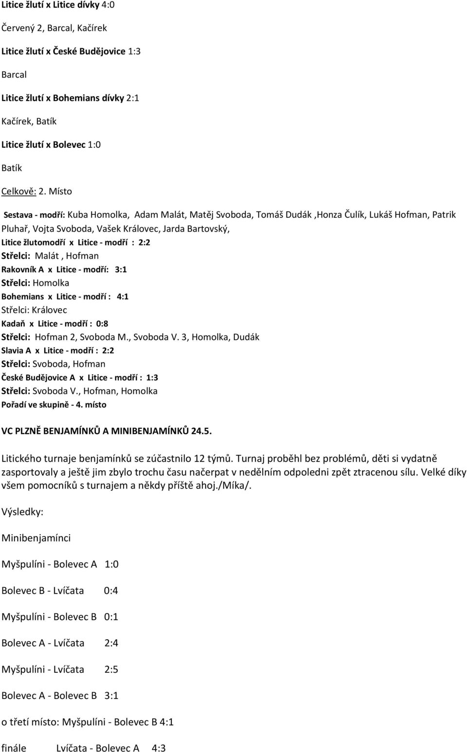 modří : 2:2 Střelci: Malát, Hofman Rakovník A x Litice - modří: 3:1 Střelci: Homolka Bohemians x Litice - modří : 4:1 Střelci: Královec Kadaň x Litice - modří : 0:8 Střelci: Hofman 2, Svoboda M.