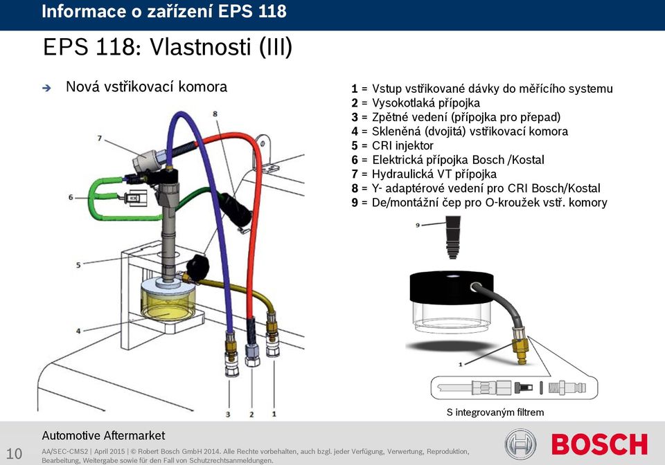 komora 5 = CRI injektor 6 = Elektrická přípojka Bosch /Kostal 7 = Hydraulická VT přípojka 8 = Y-