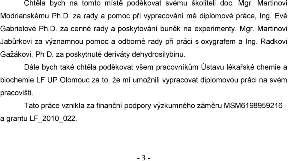 Radkovi Gažákovi, Ph D. za poskytnuté deriváty dehydrosilybinu.