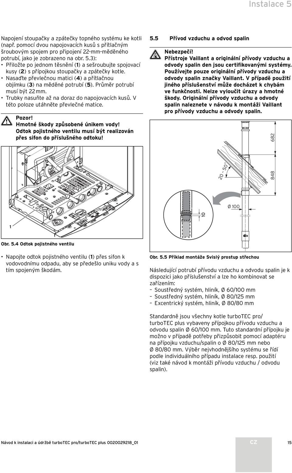 a Pozor! Hmotné škody způsobené únikem vody! Odtok pojistného ventilu musí být realizován přes sifon do příslušného odtoku! 5.5 Přívod vzduchu a odvod spalin d Nebezpečí!