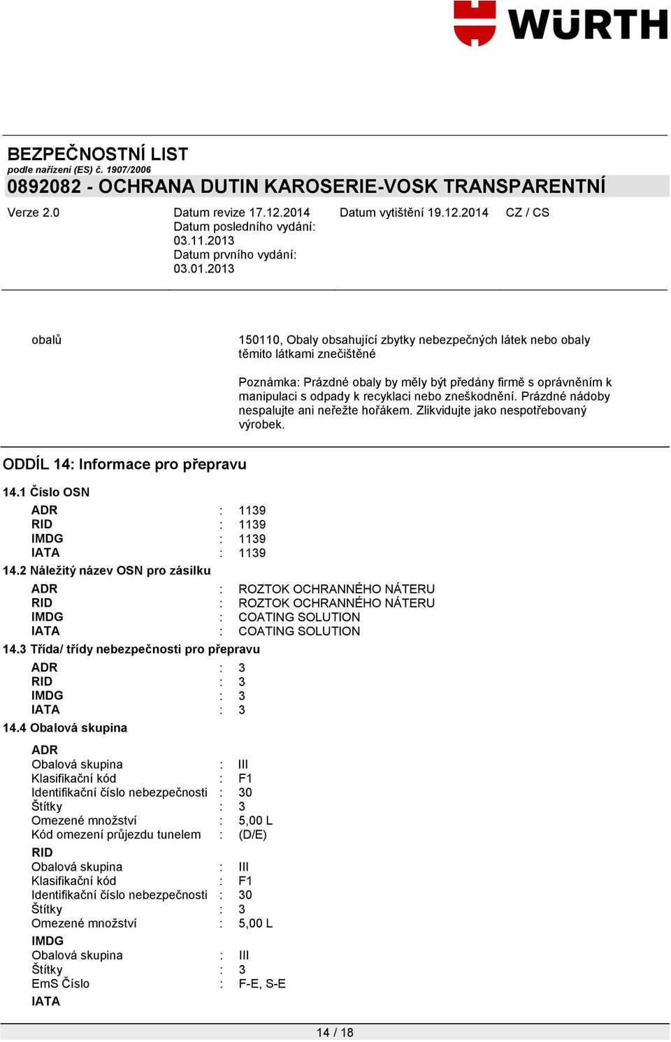 2 Náležitý název OSN pro zásilku ADR : ROZTOK OCHRANNÉHO NÁTERU RID : ROZTOK OCHRANNÉHO NÁTERU IMDG : COATING SOLUTION IATA : COATING SOLUTION 14.