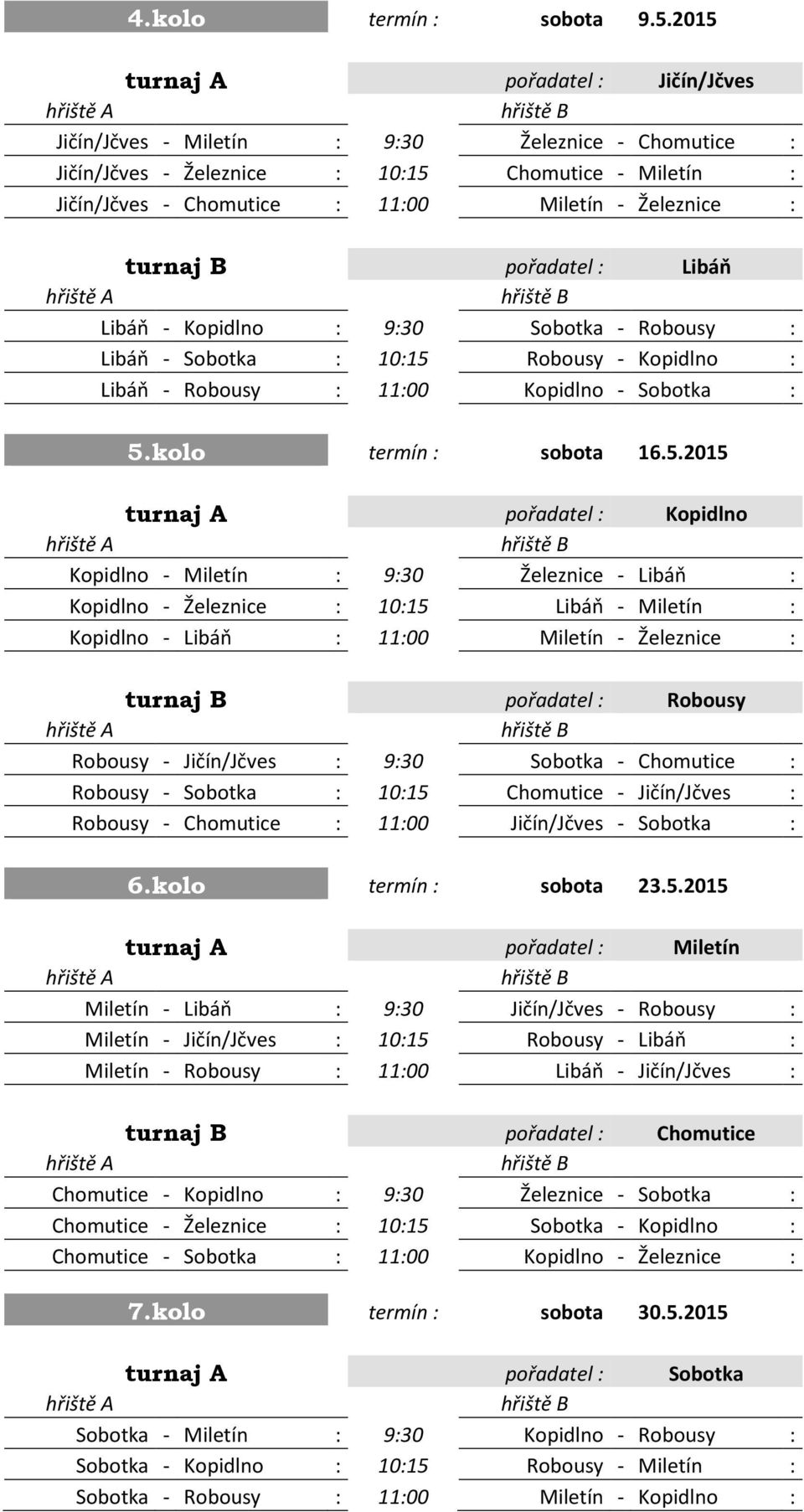 turnaj B pořadatel : Libáň Libáň - Kopidlno : 9:30 Sobotka - Robousy : Libáň - Sobotka : 10:15 