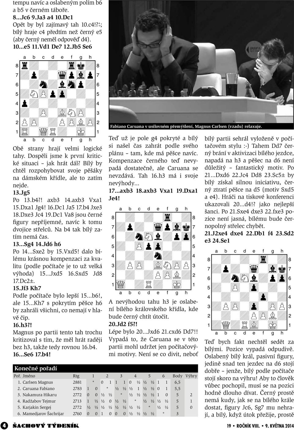Dospěli jsme k první kritické situaci jak hrát dál? Bílý by chtěl rozpohybovat svoje pěšáky na dámském křídle, ale to zatím nejde. 13.Jg5 Po 13.b4?! axb3 14.axb3 Vxa1 15.Dxa1 Jg4! 16.Dc1 Ja5 17.