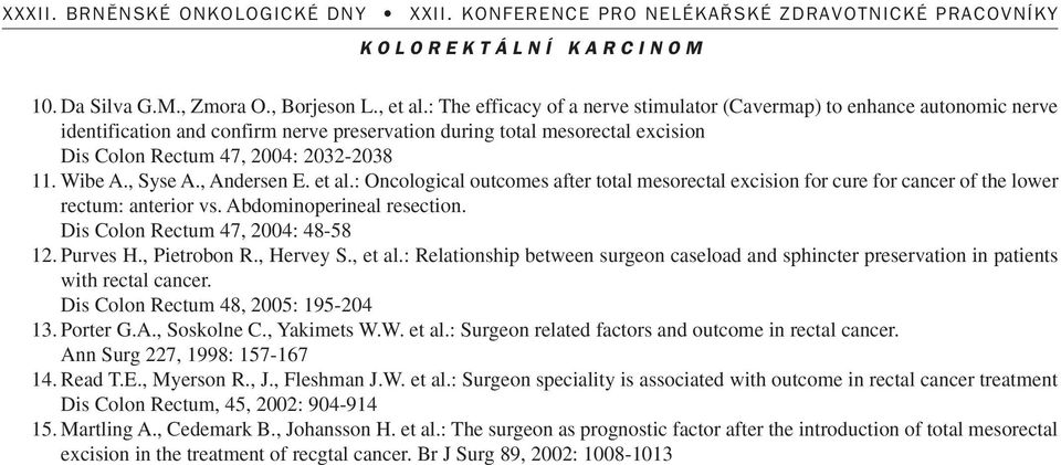 Wibe A., Syse A., Andersen E. et al.: Oncological outcomes after total mesorectal excision for cure for cancer of the lower rectum: anterior vs. Abdominoperineal resection.