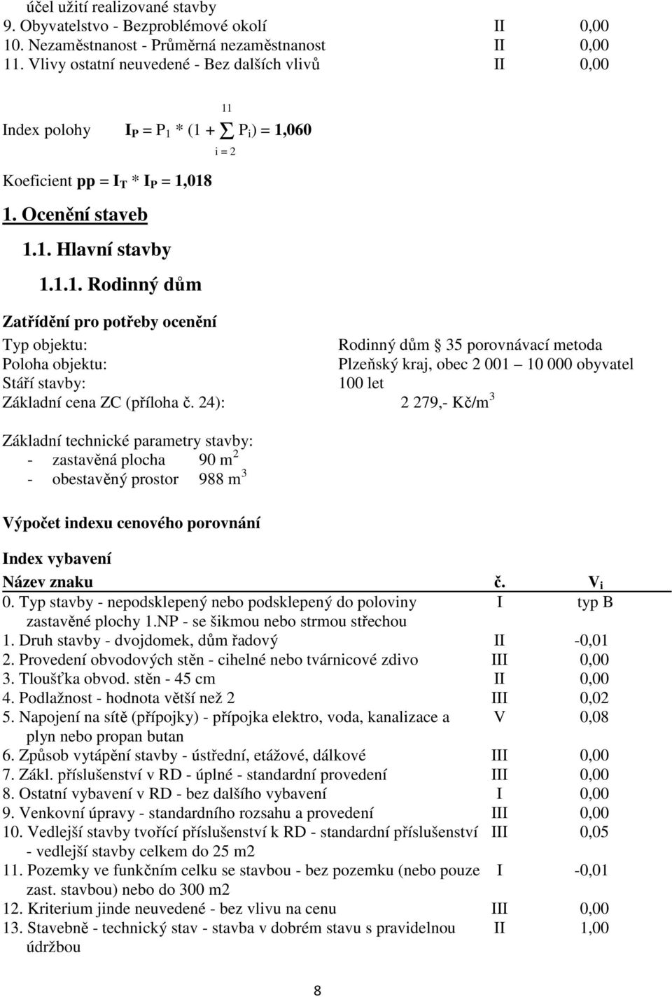 * (1 + Σ P i) = 1,060 Koeficient pp = I T * I P = 1,018 1. Ocenění staveb 1.1. Hlavní stavby 1.1.1. Rodinný dům 11 i = 2 Zatřídění pro potřeby ocenění Typ objektu: Rodinný dům 35 porovnávací metoda
