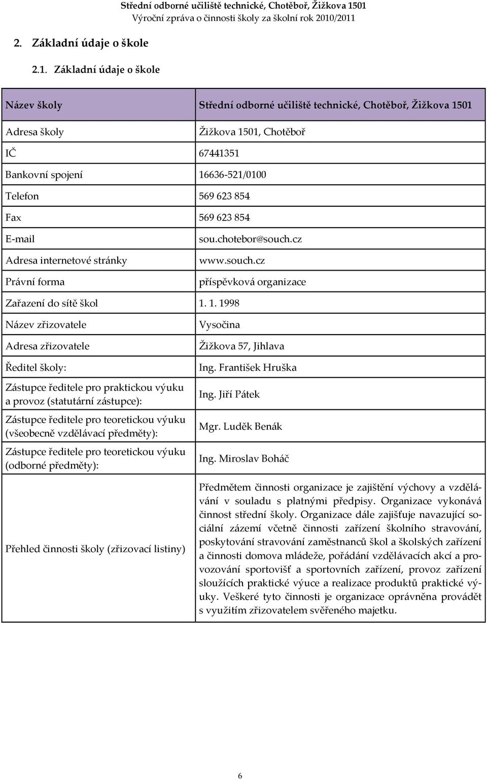 67441351 Bankovní spojení 16636-521/0100 Telefon 569623854 Fax 569623854 E-mail Adresa internetové stránky Právní forma sou.chotebor@souch.cz www.souch.cz příspěvková organizace Zařazení do sítě škol 1.