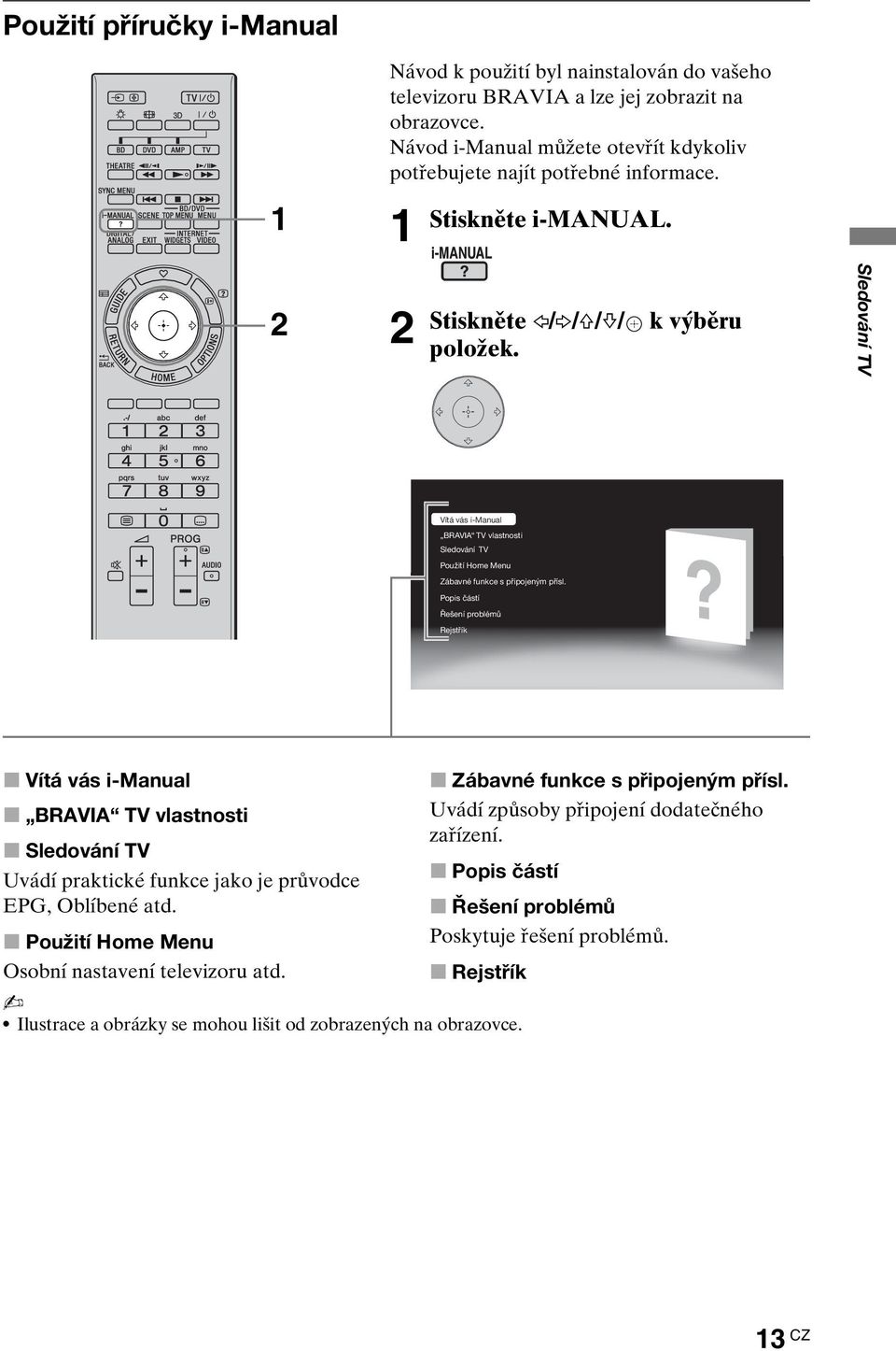 Popis částí Řešení problémů Rejstřík x Vítá vás i-manual x BRAVIA TV vlastnosti x Sledování TV Uvádí praktické funkce jako je průvodce EPG, Oblíbené atd.