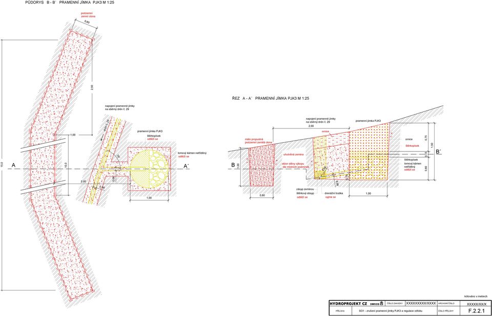 29 70 lomový kámen netříděný odtěží se B málo propustná podzemní zemitá clona 1 : x 1 : x uhutněná zemina sklon stěny výkopu dle místních podmínek napojení pramenné jímky na sběrný