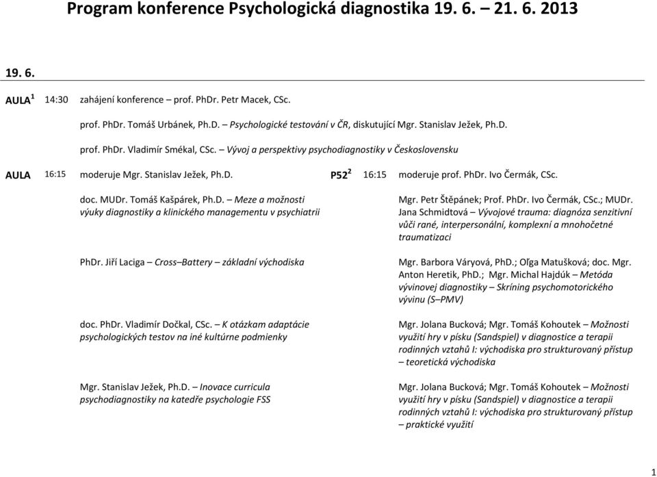 doc. MUDr. Tomáš Kašpárek, Ph.D. Meze a možnosti výuky diagnostiky a klinického managementu v psychiatrii PhDr. Jiří Laciga Cross Battery základní východiska doc. PhDr. Vladimír Dočkal, CSc.