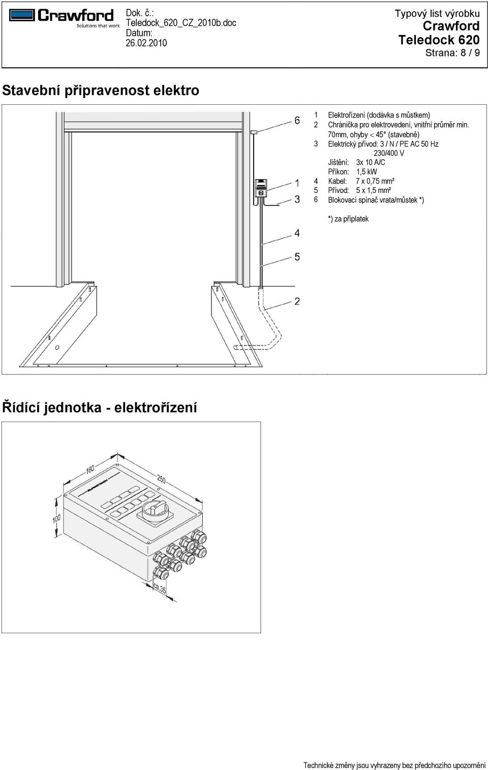 70mm, ohyby 45 (stavebně) 3 Elektrický přívod: 3 / N / PE AC 50 Hz 230/400 V Jištění: 3x 10