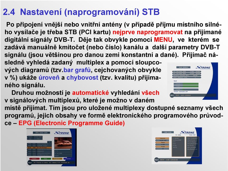 Přijímač následně vyhledá zadaný multiplex a pomocí sloupcových diagramů (tzv.bar grafů, cejchovaných obvykle v %) ukáže úroveň a chybovost (tzv. kvalitu) přijímaného signálu.