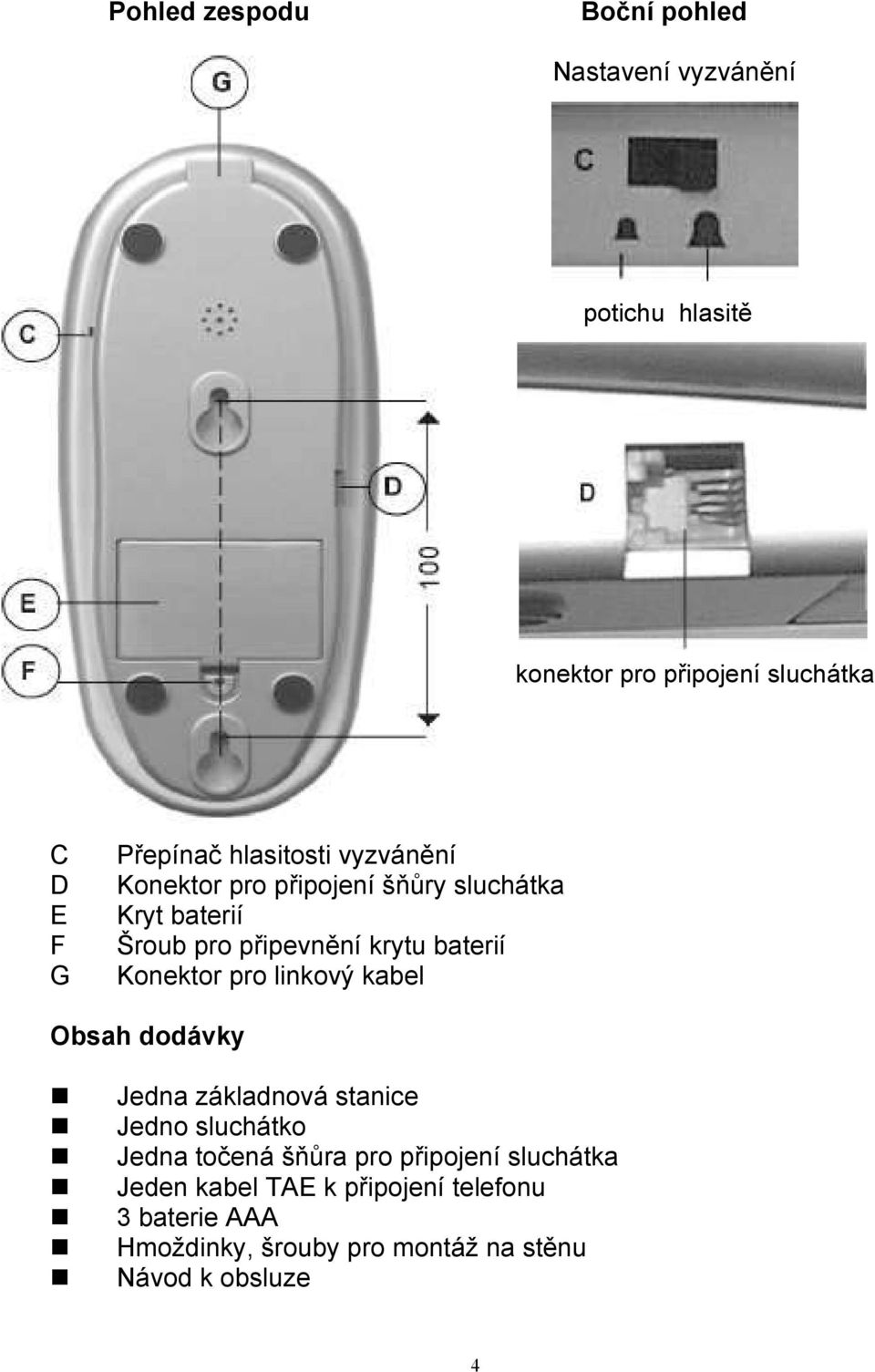 baterií Konektor pro linkový kabel Obsah dodávky Jedna základnová stanice Jedno sluchátko Jedna točená šňůra pro