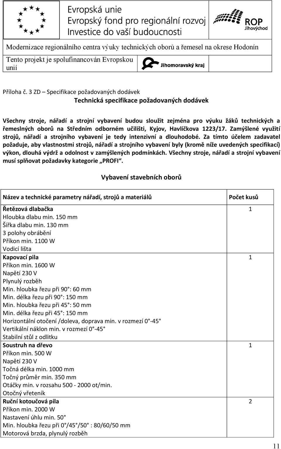 Středním odborném učilišti, Kyjov, Havlíčkova 1223/17. Zamýšlené využití strojů, nářadí a strojního vybavení je tedy intenzivní a dlouhodobé.