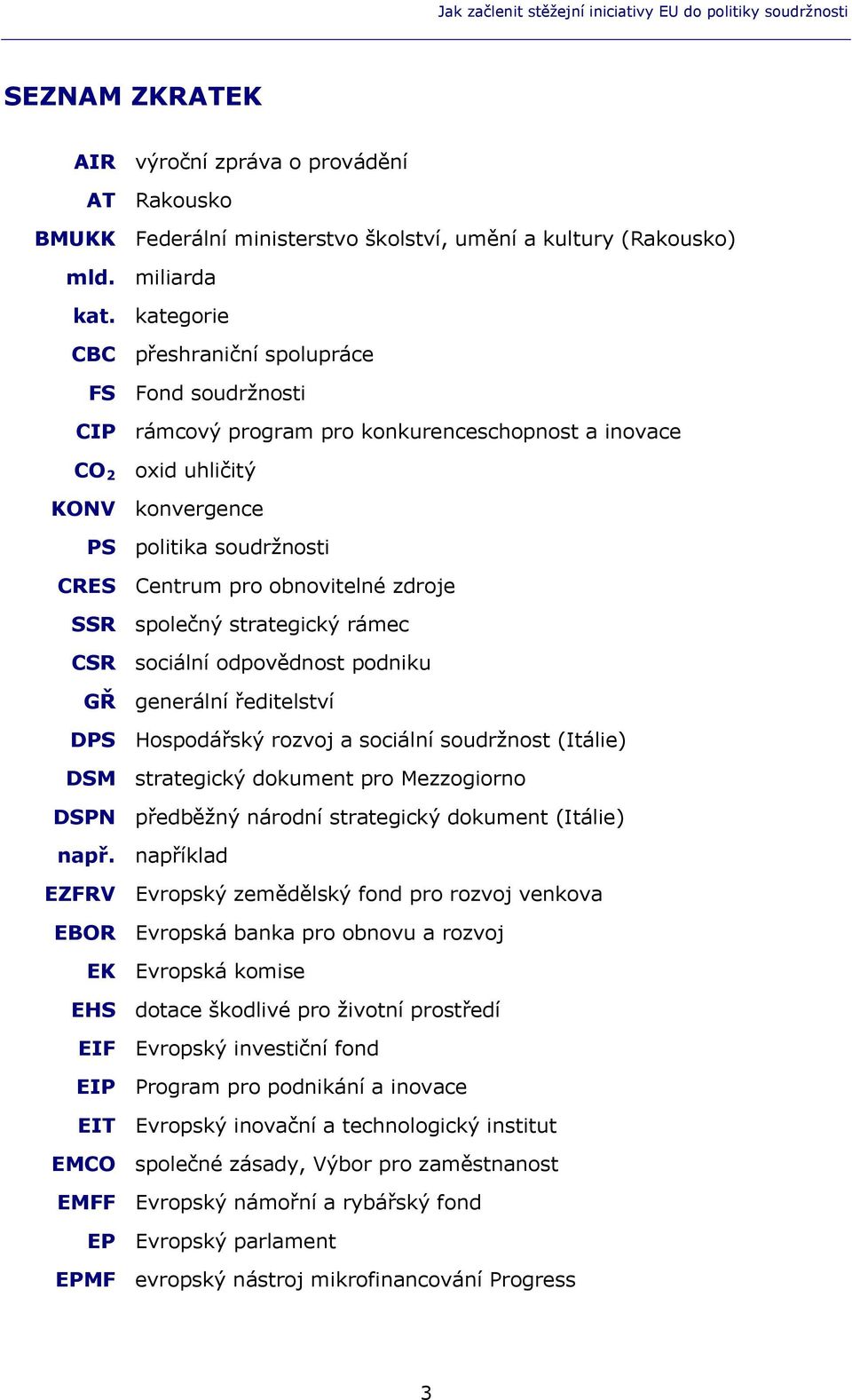 kategorie CBC přeshraniční spolupráce FS Fond soudržnosti CIP rámcový program pro konkurenceschopnost a inovace CO 2 oxid uhličitý KONV konvergence PS politika soudržnosti CRES Centrum pro