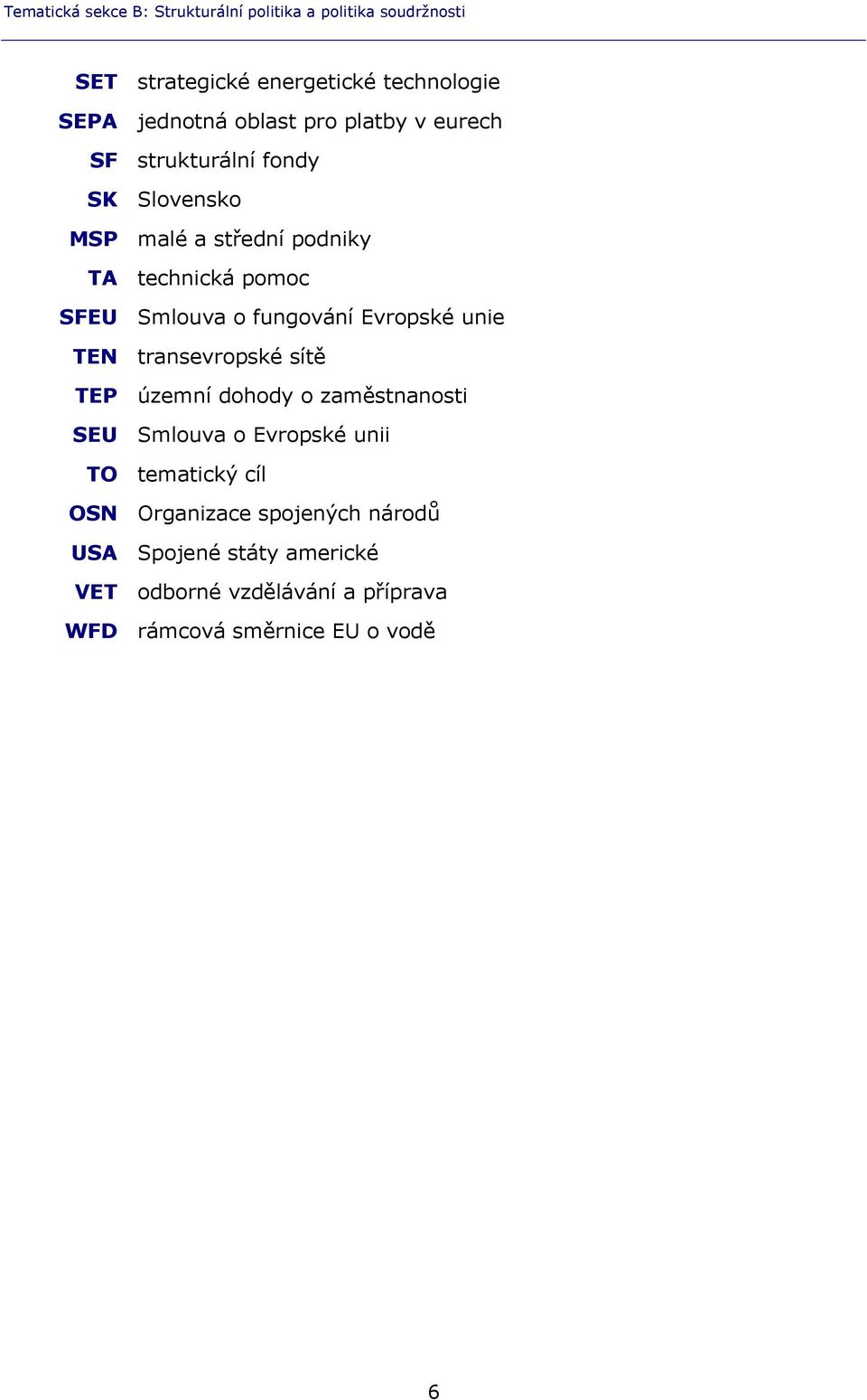 fungování Evropské unie TEN transevropské sítě TEP územní dohody o zaměstnanosti SEU Smlouva o Evropské unii TO tematický