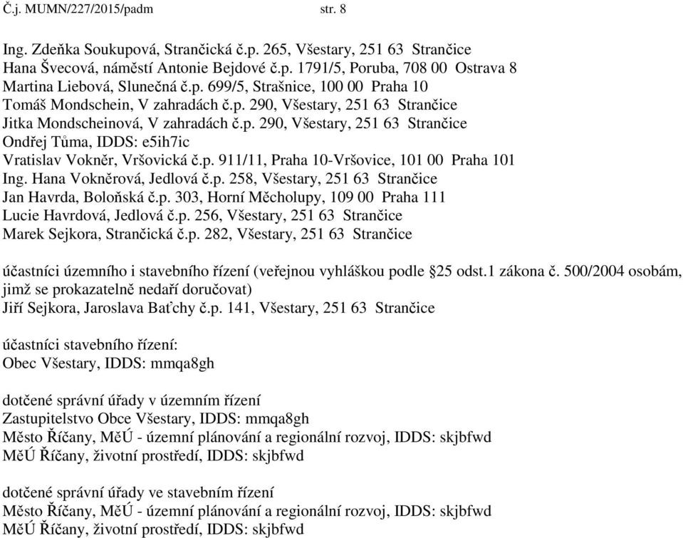 p. 911/11, Praha 10-Vršovice, 101 00 Praha 101 Ing. Hana Vokněrová, Jedlová č.p. 258, Všestary, 251 63 Strančice Jan Havrda, Boloňská č.p. 303, Horní Měcholupy, 109 00 Praha 111 Lucie Havrdová, Jedlová č.