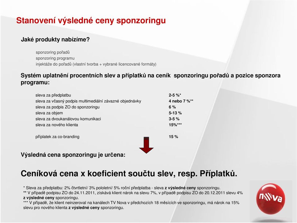 programu: sleva za předplatbu 2-5 %* sleva za včasný podpis multimediální závazné objednávky 4 nebo 7 %** sleva za podpis ZO do sponzoringu 6 % sleva za objem 5-13 % sleva za dvoukanálovou komunikaci