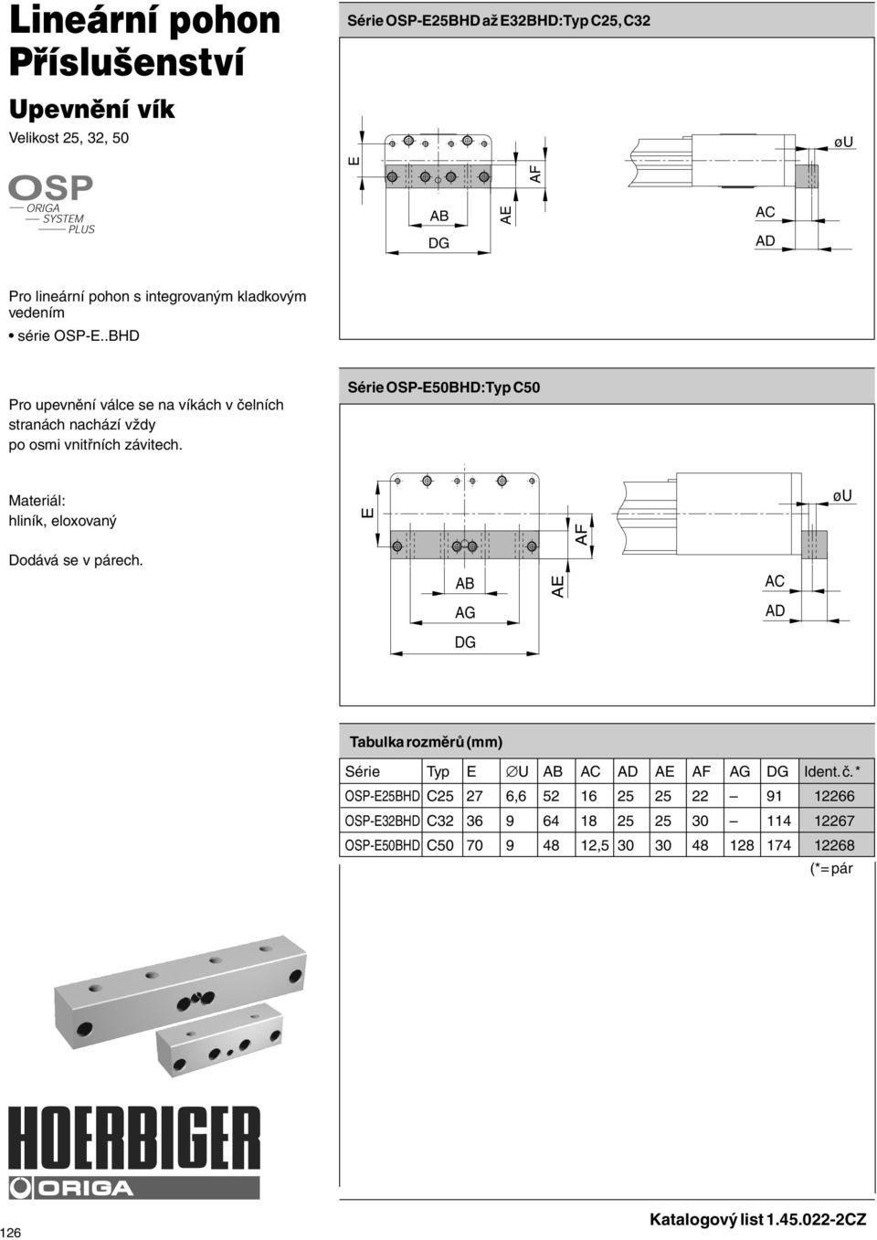 Série OSP-50BHD: Typ C50 Materiál: hliník, eloxovaný øu Dodává se v párech. AB A AC AG AD DG Série Typ U AB AC AD A AG DG Ident. č.