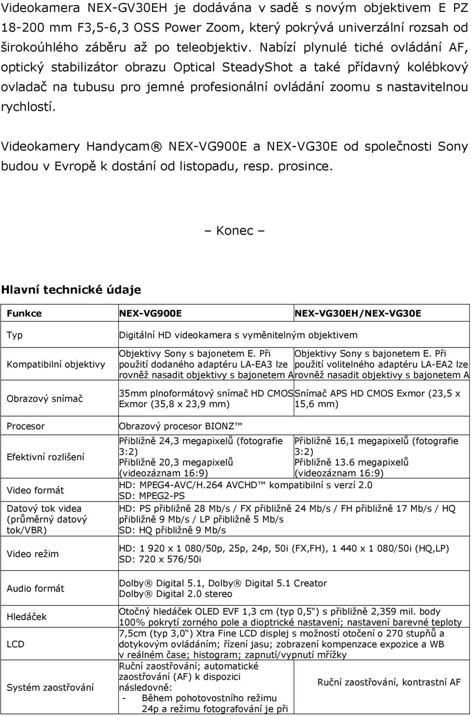 Videokamery Handycam NEX-VG900E a NEX-VG30E od společnosti Sony budou v Evropě k dostání od listopadu, resp. prosince.