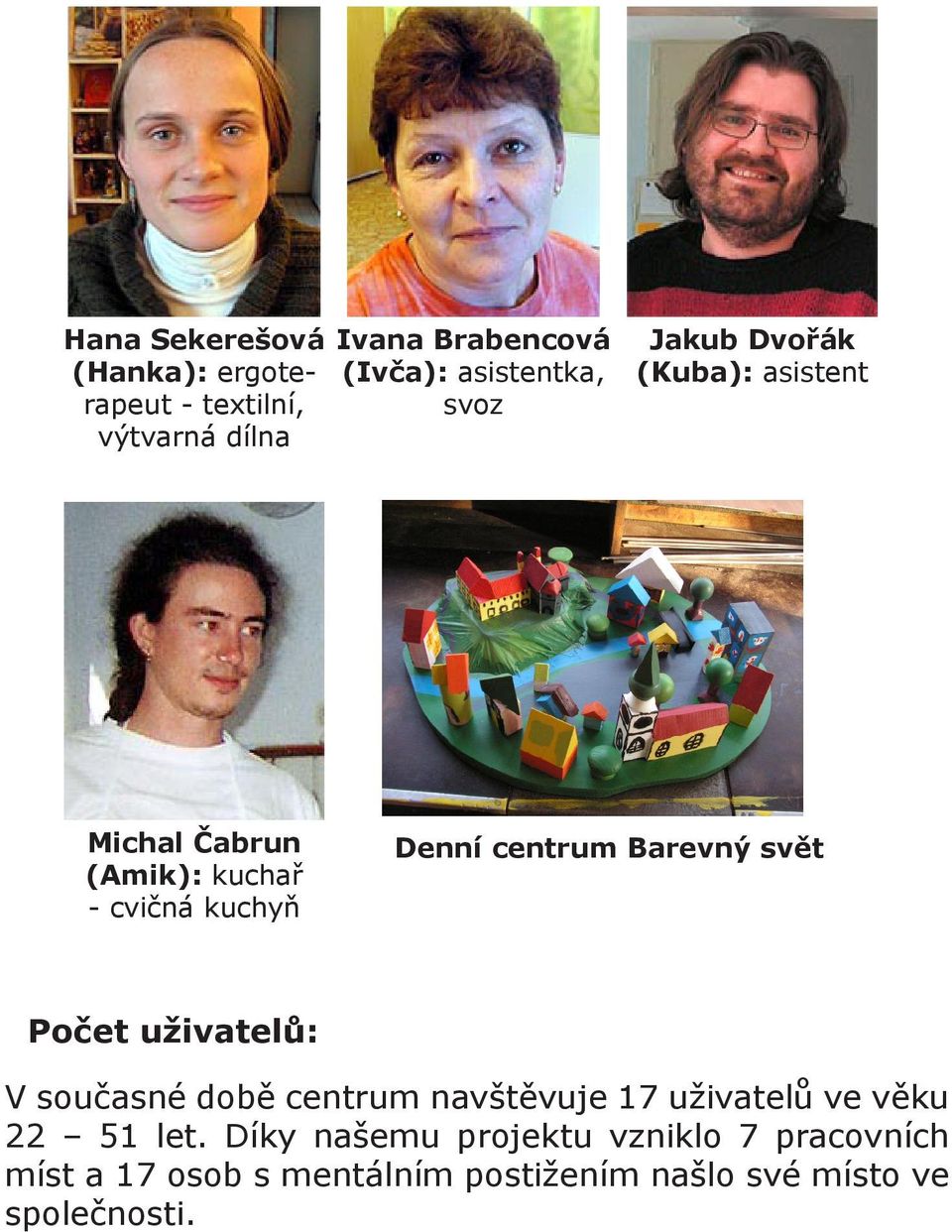 centrum Barevný svět Počet uživatelů: V současné době centrum navštěvuje 17 uživatelů ve věku 22 51