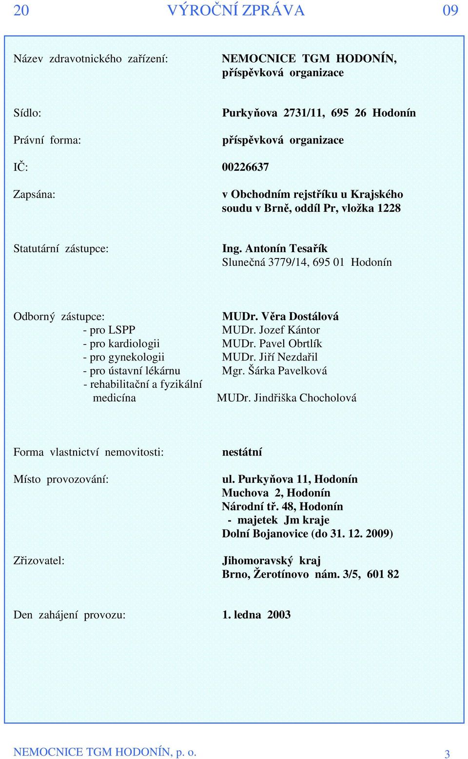 Jozef Kántor - pro kardiologii MUDr. Pavel Obrtlík - pro gynekologii MUDr. Jiří Nezdařil - pro ústavní lékárnu Mgr. Šárka Pavelková - rehabilitační a fyzikální medicína MUDr.