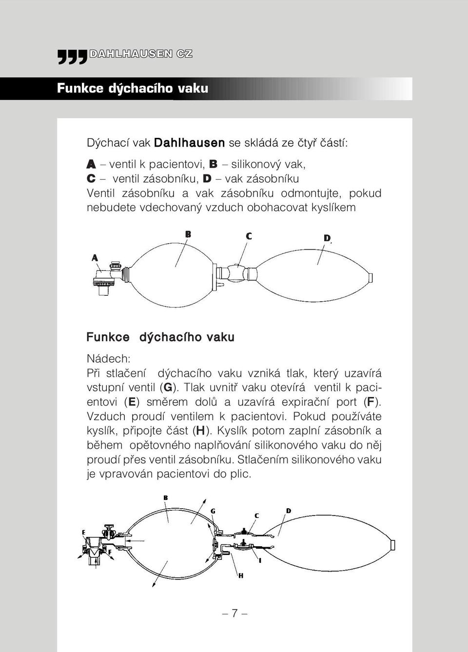 (G). Tlak uvnitfi vaku otevírá ventil k pacientovi (E) smûrem dolû a uzavírá expiraãní port (F). Vzduch proudí ventilem k pacientovi.