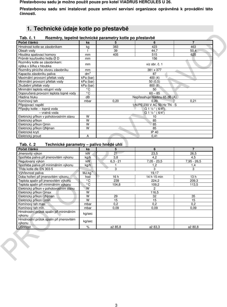 1 Rozměry, tepelně technické parametry kotle po přestavbě Počet článků ks 5 6 7 Hmotnost kotle se zásobníkem kg 383 423 463 Obsah vody l 39 44,7 50,4 Hloubka spalovací komory mm 405 515 625 Průměr