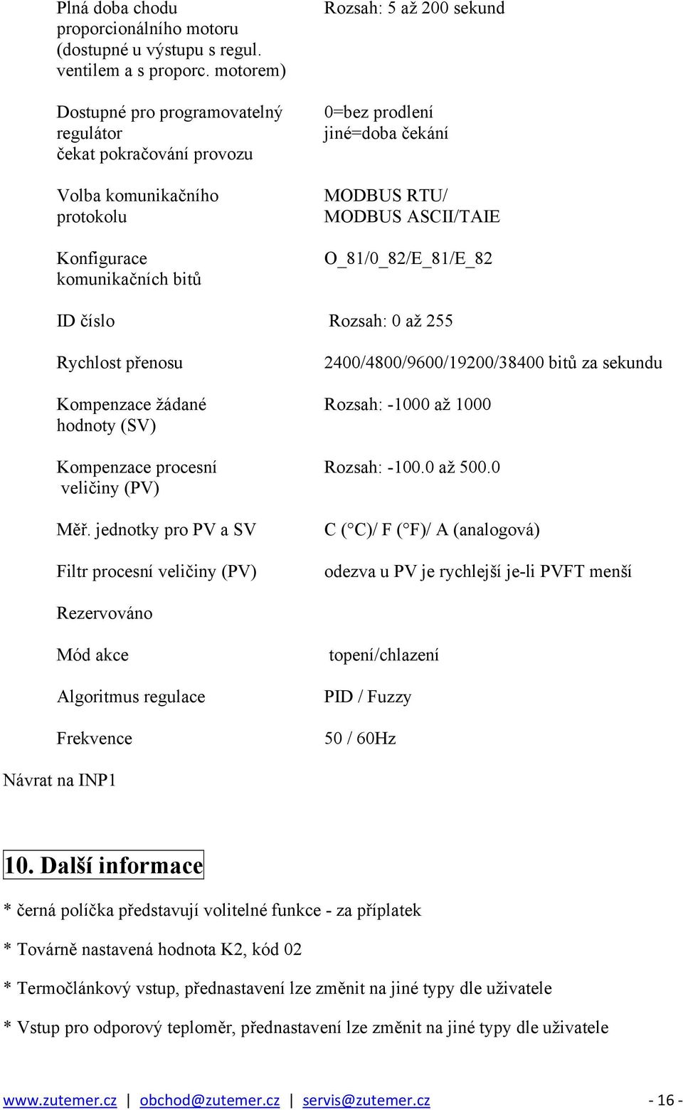 RTU/ MODBUS ASCII/TAIE O_81/0_82/E_81/E_82 ID číslo Rozsah: 0 až 255 Rychlost přenosu 2400/4800/9600/19200/38400 bitů za sekundu Kompenzace žádané Rozsah: -1000 až 1000 hodnoty (SV) Kompenzace