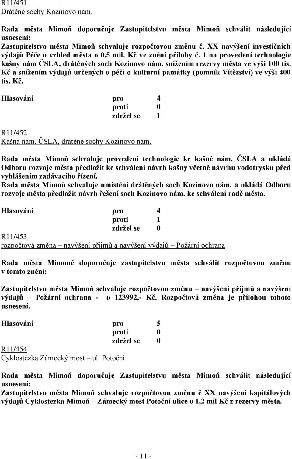 Kč a sníţením výdajů určených o péči o kulturní památky (pomník Vítězství) ve výši 400 tis. Kč. zdrţel se 1 R11/452 Kašna nám. ČSLA, drátěné sochy Kozinovo nám.