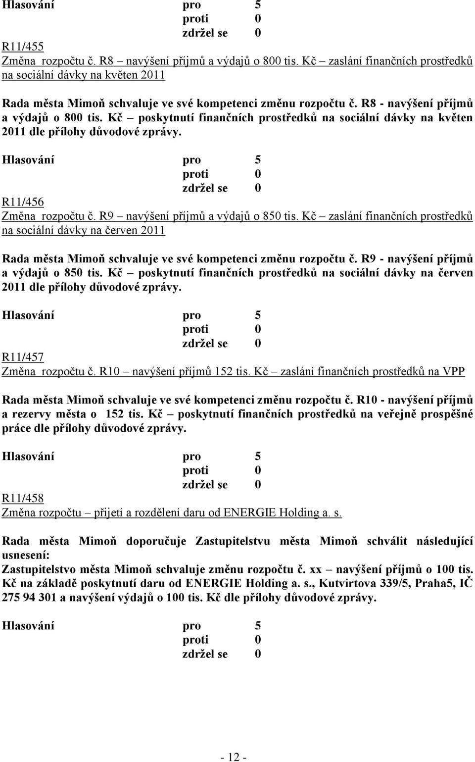 R9 navýšení příjmů a výdajů o 850 tis. Kč zaslání finančních prostředků na sociální dávky na červen 2011 Rada města Mimoň schvaluje ve své kompetenci změnu rozpočtu č.