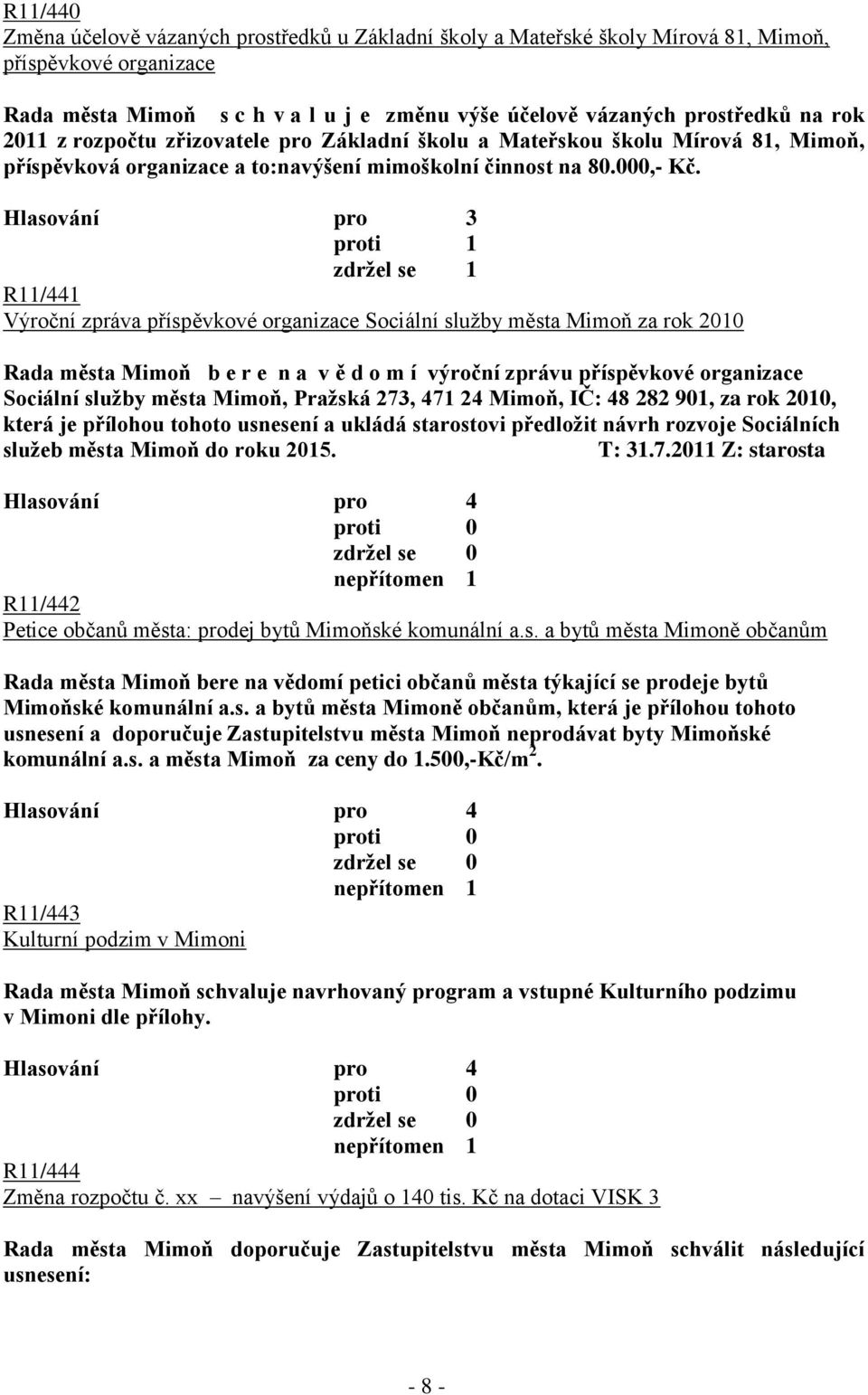 Hlasování pro 3 proti 1 zdrţel se 1 R11/441 Výroční zpráva příspěvkové organizace Sociální sluţby města Mimoň za rok 2010 Rada města Mimoň b e r e n a v ě d o m í výroční zprávu příspěvkové