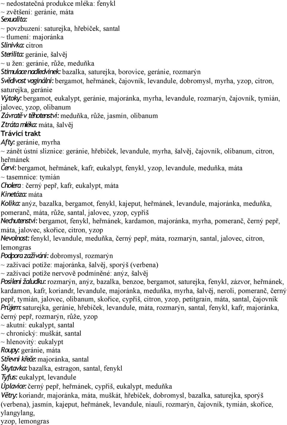 Výtoky: bergamot, eukalypt, geránie, majoránka, myrha, levandule, rozmarýn, čajovník, tymián, jalovec, yzop, olibanum Závratě v těhotenství: meduňka, růže, jasmín, olibanum Ztráta mléka: máta, šalvěj