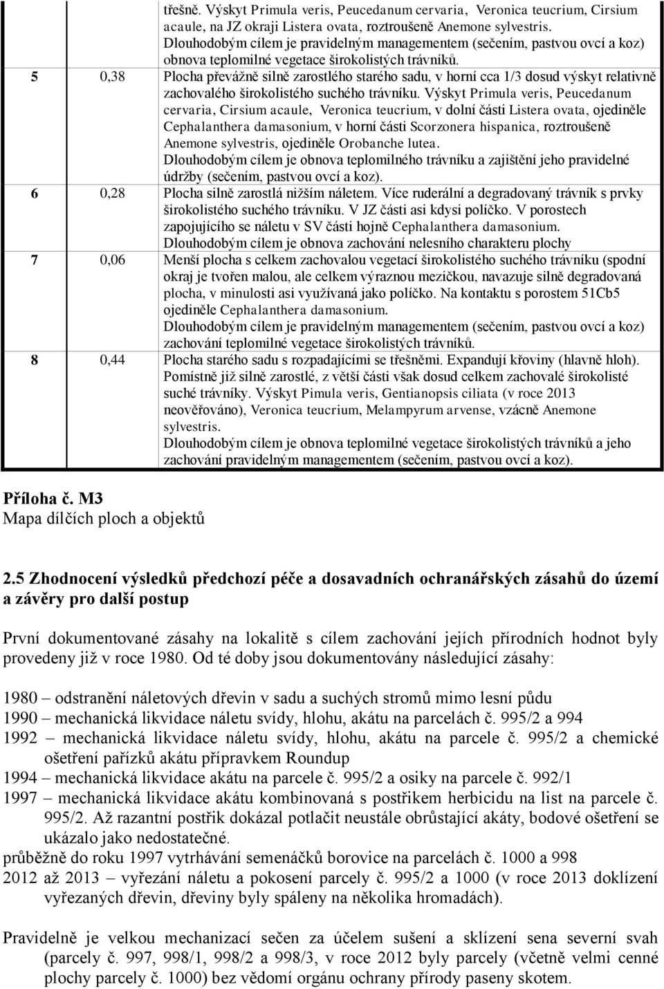 5 0,38 Plocha převážně silně zarostlého starého sadu, v horní cca 1/3 dosud výskyt relativně zachovalého širokolistého suchého trávníku.