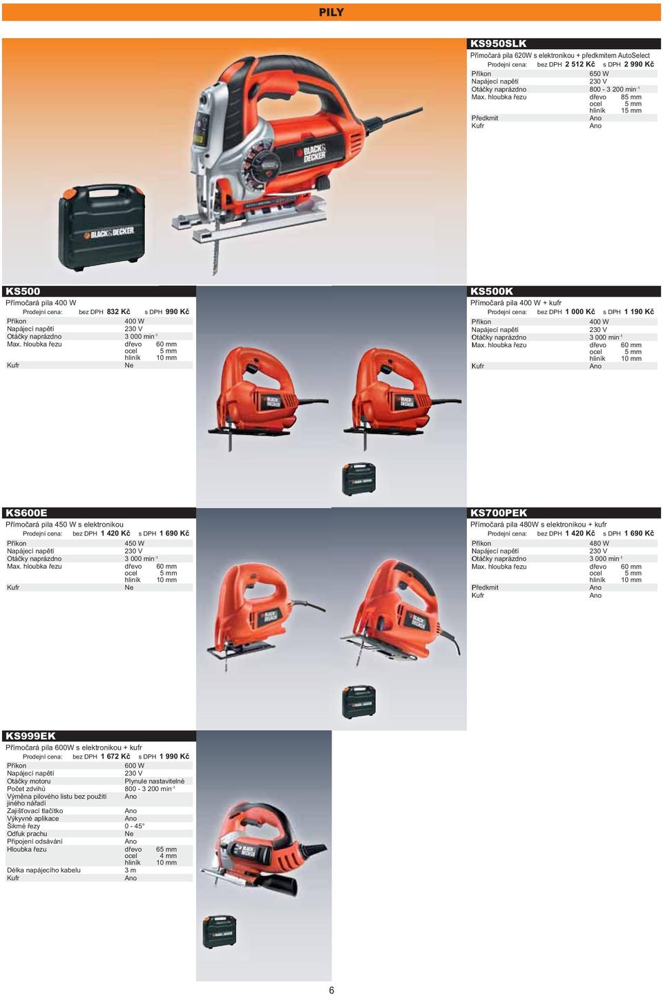 hloubka řezu dřevo 60 mm ocel 5 mm hliník 10 mm KS500K Přímočará pila 400 W + kufr : 1 000 Kč s DPH 1 190 Kč 400 W Napájecí napětí naprázdno 3 000 min -1 Max.